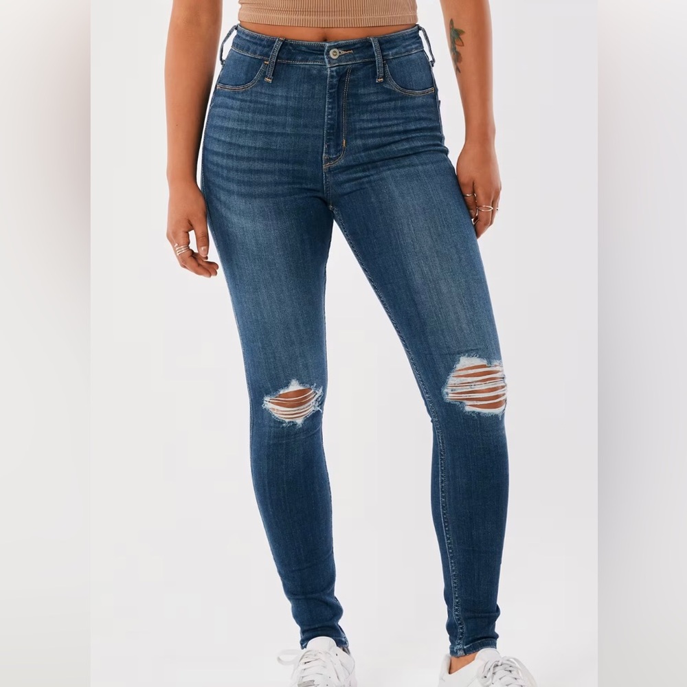 💜Hollister High-Rise Super skinny ripped knee dark blue Jeans, 7L